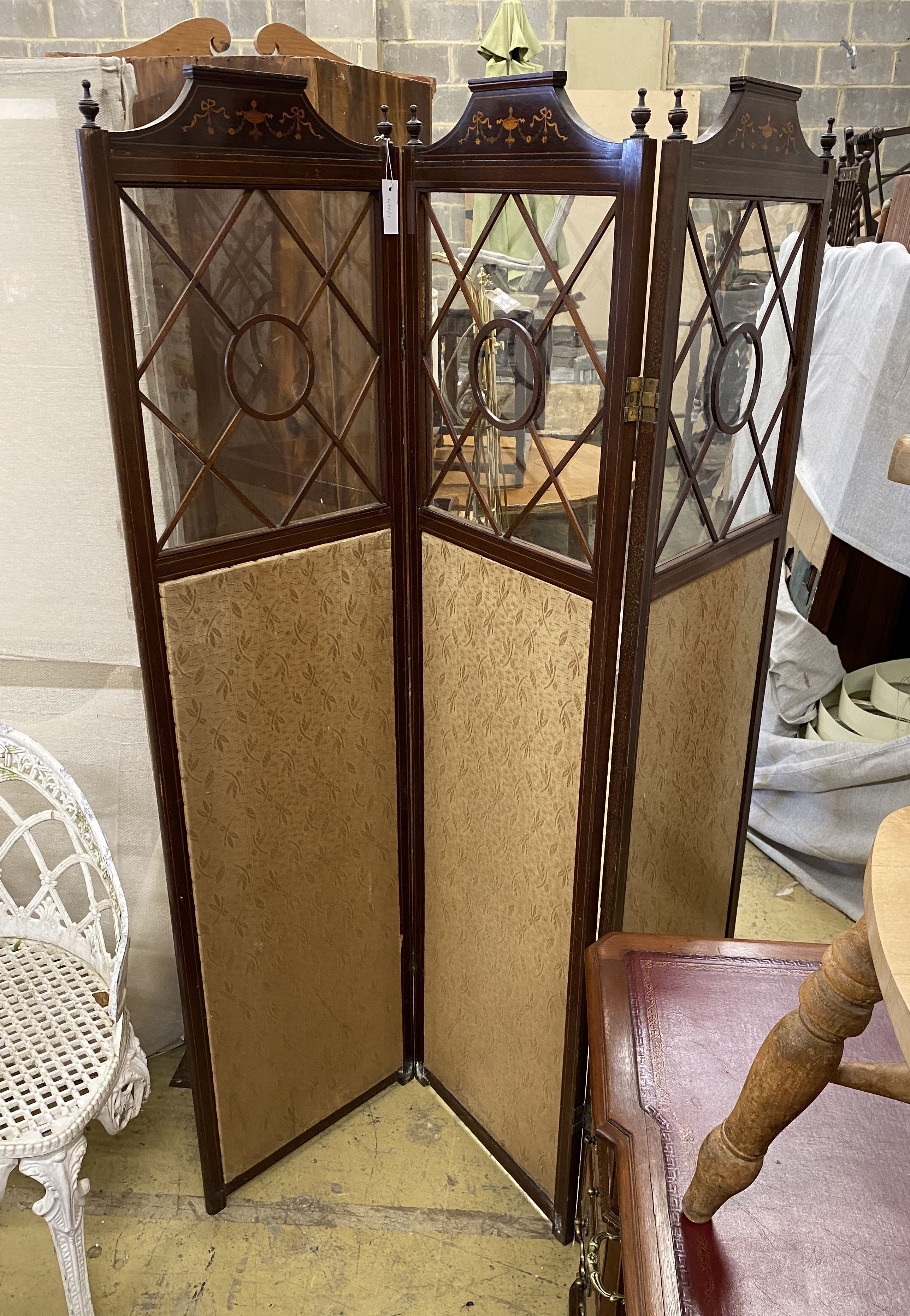 An Edwardian inlaid mahogany three fold dressing screen, height 178cm